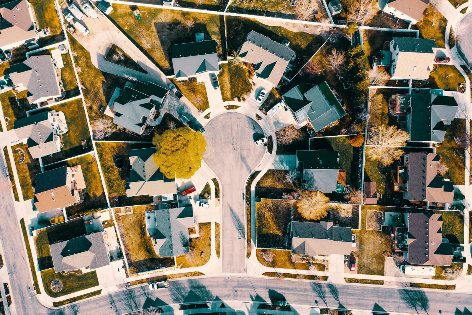 Aerial photograph of homes arranged around a tree-lined residential cul-de-sac